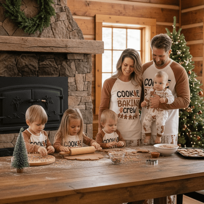 Family wearing matching gingerbread Christmas pajamas with Cookie Baking Crew raglan tops - view 4