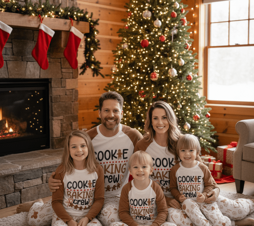 Family wearing matching gingerbread Christmas pajamas with Cookie Baking Crew raglan tops - view 5
