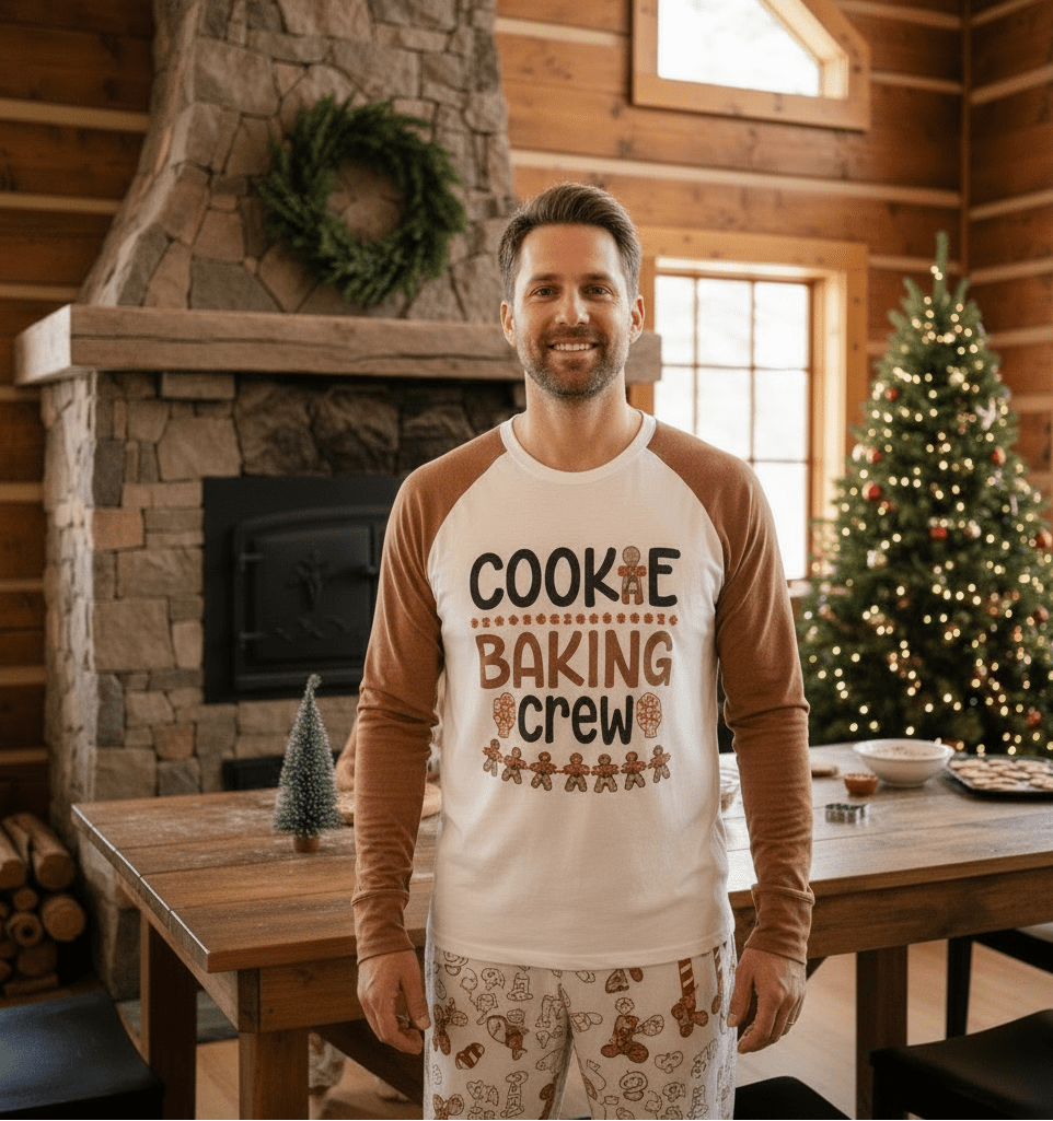 Family wearing matching gingerbread Christmas pajamas with Cookie Baking Crew raglan tops - view 6