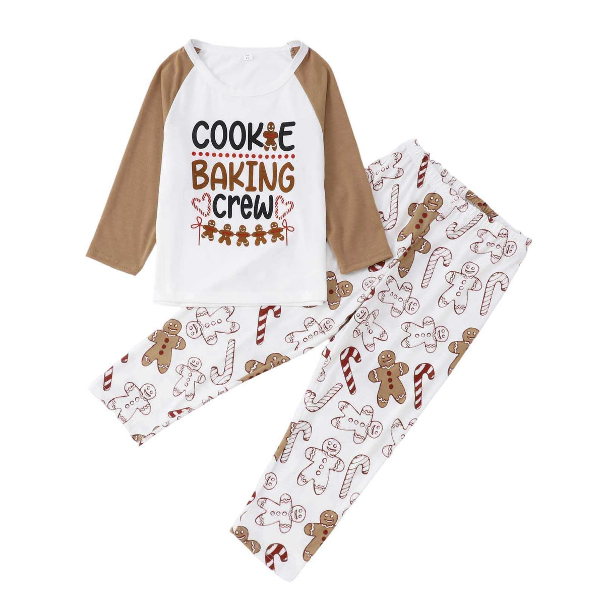 Family wearing matching gingerbread Christmas pajamas with Cookie Baking Crew raglan tops - view 9