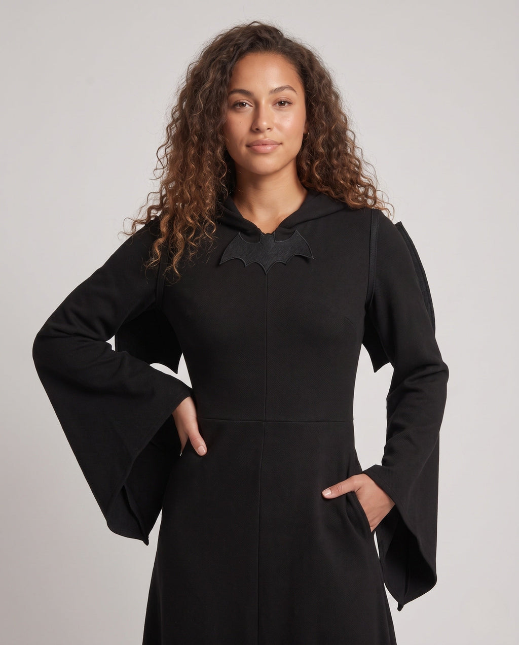 Black hooded Halloween costume dress with bat wings and bell sleeves - view 2