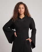 Black hooded Halloween costume dress with bat wings and bell sleeves - view 2