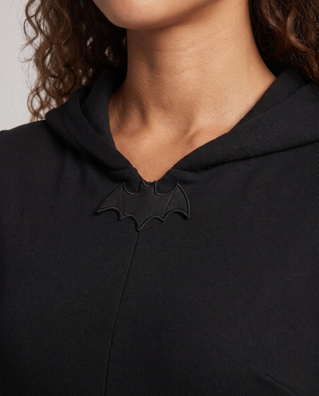 Black hooded Halloween costume dress with bat wings and bell sleeves - view 3