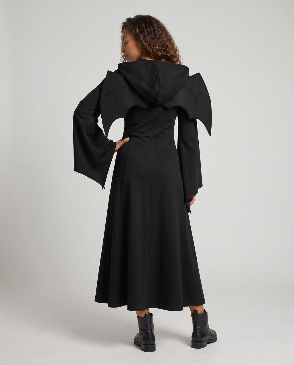 Black hooded Halloween costume dress with bat wings and bell sleeves - view 4