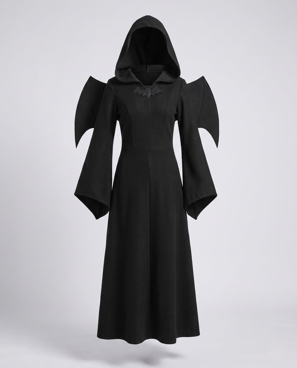 Black hooded Halloween costume dress with bat wings and bell sleeves - view 5