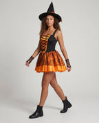 Women's witch Halloween costume with lace-up satin bodice, spiderweb mesh skirt, witch hat and lace arm sleeves