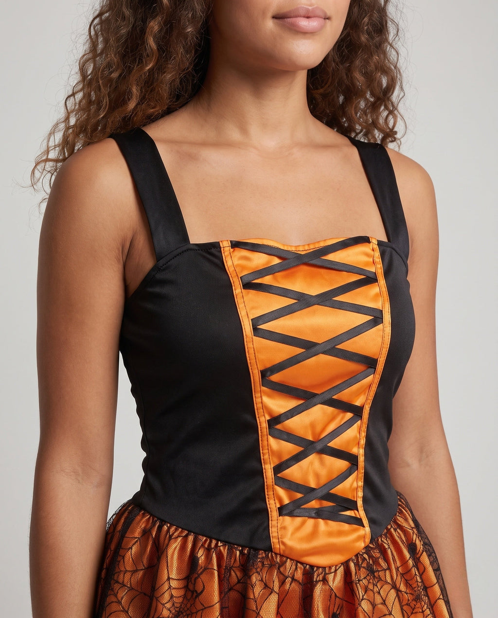 Women's witch Halloween costume with lace-up satin bodice, spiderweb mesh skirt, witch hat and lace arm sleeves - view 2