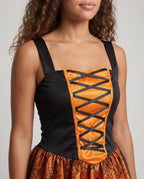 Women's witch Halloween costume with lace-up satin bodice, spiderweb mesh skirt, witch hat and lace arm sleeves - view 2