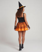 Women's witch Halloween costume with lace-up satin bodice, spiderweb mesh skirt, witch hat and lace arm sleeves - view 3