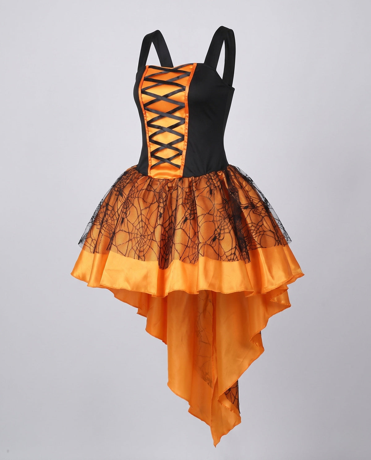 Women's witch Halloween costume with lace-up satin bodice, spiderweb mesh skirt, witch hat and lace arm sleeves - view 4