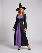 Women's black and purple witch costume maxi dress with lace-up bodice, bell sleeves and pointed witch hat