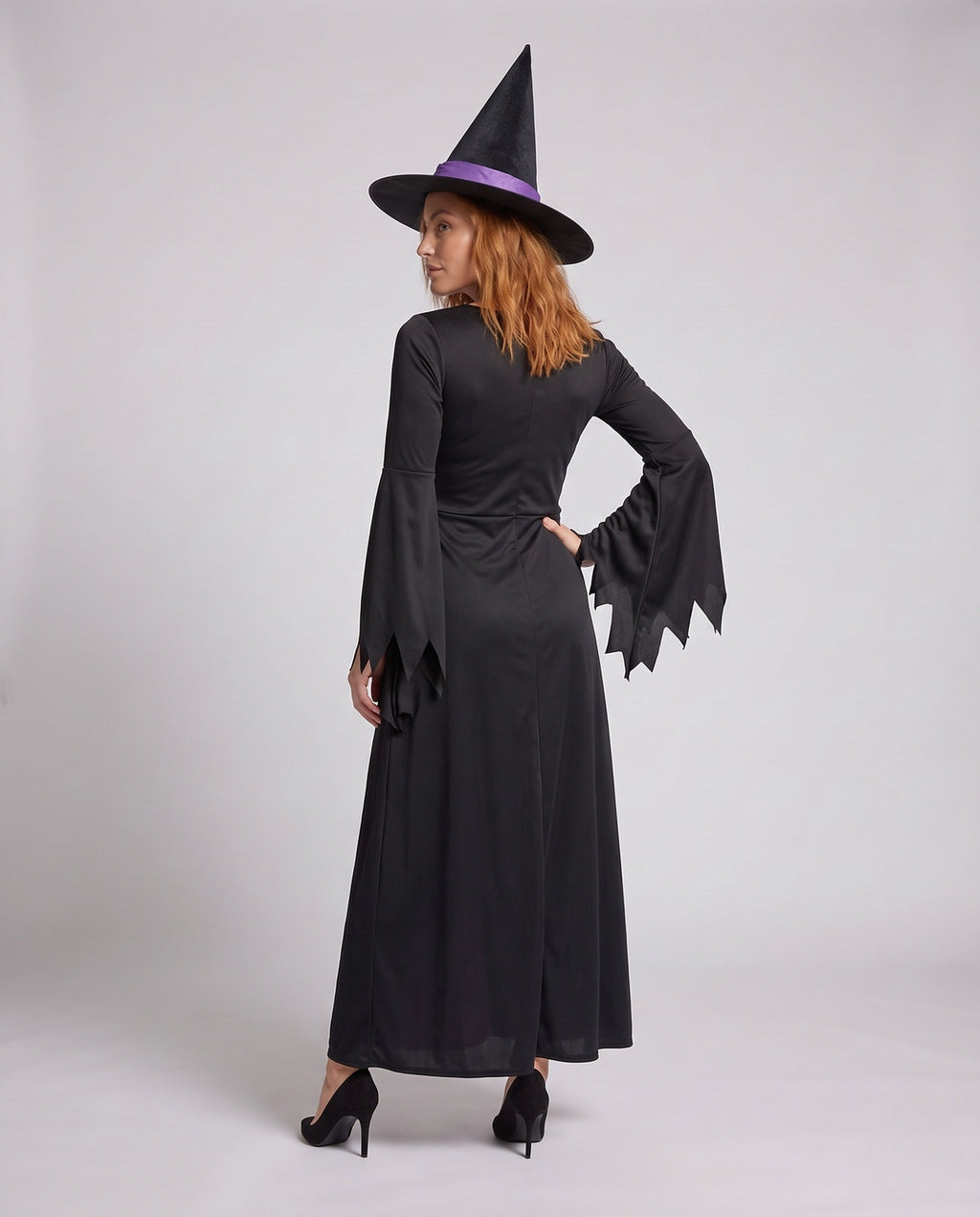 Women's black and purple witch costume maxi dress with lace-up bodice, bell sleeves and pointed witch hat - view 3