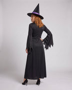 Women's black and purple witch costume maxi dress with lace-up bodice, bell sleeves and pointed witch hat - view 3