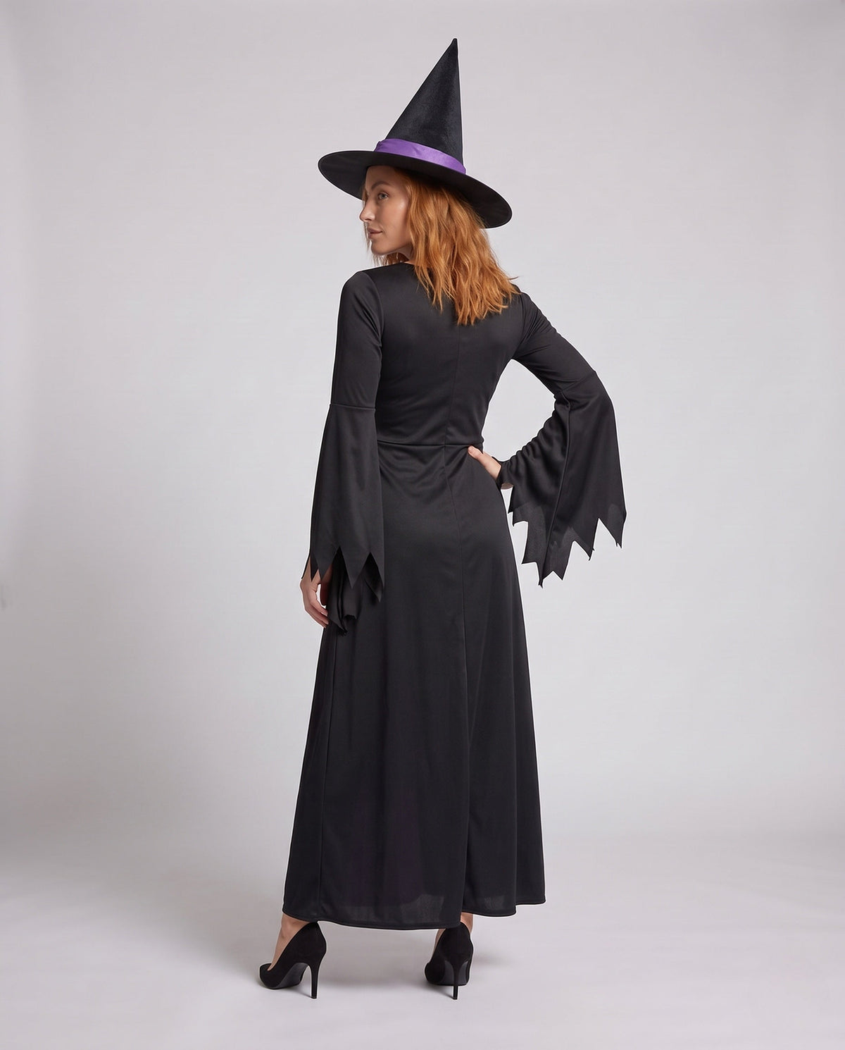 Women's black and purple witch costume maxi dress with lace-up bodice, bell sleeves and pointed witch hat - view 3