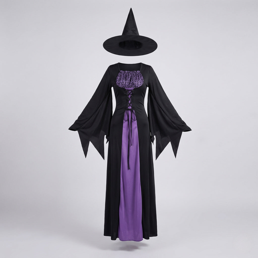 Women's black and purple witch costume maxi dress with lace-up bodice, bell sleeves and pointed witch hat - view 4