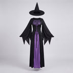 Women's black and purple witch costume maxi dress with lace-up bodice, bell sleeves and pointed witch hat - view 4