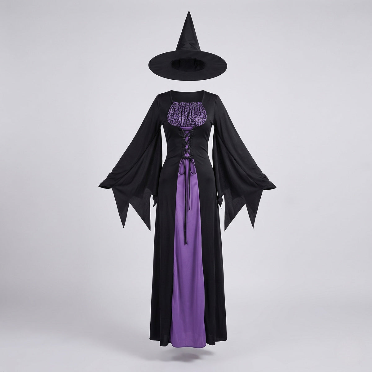 Women's black and purple witch costume maxi dress with lace-up bodice, bell sleeves and pointed witch hat - view 4
