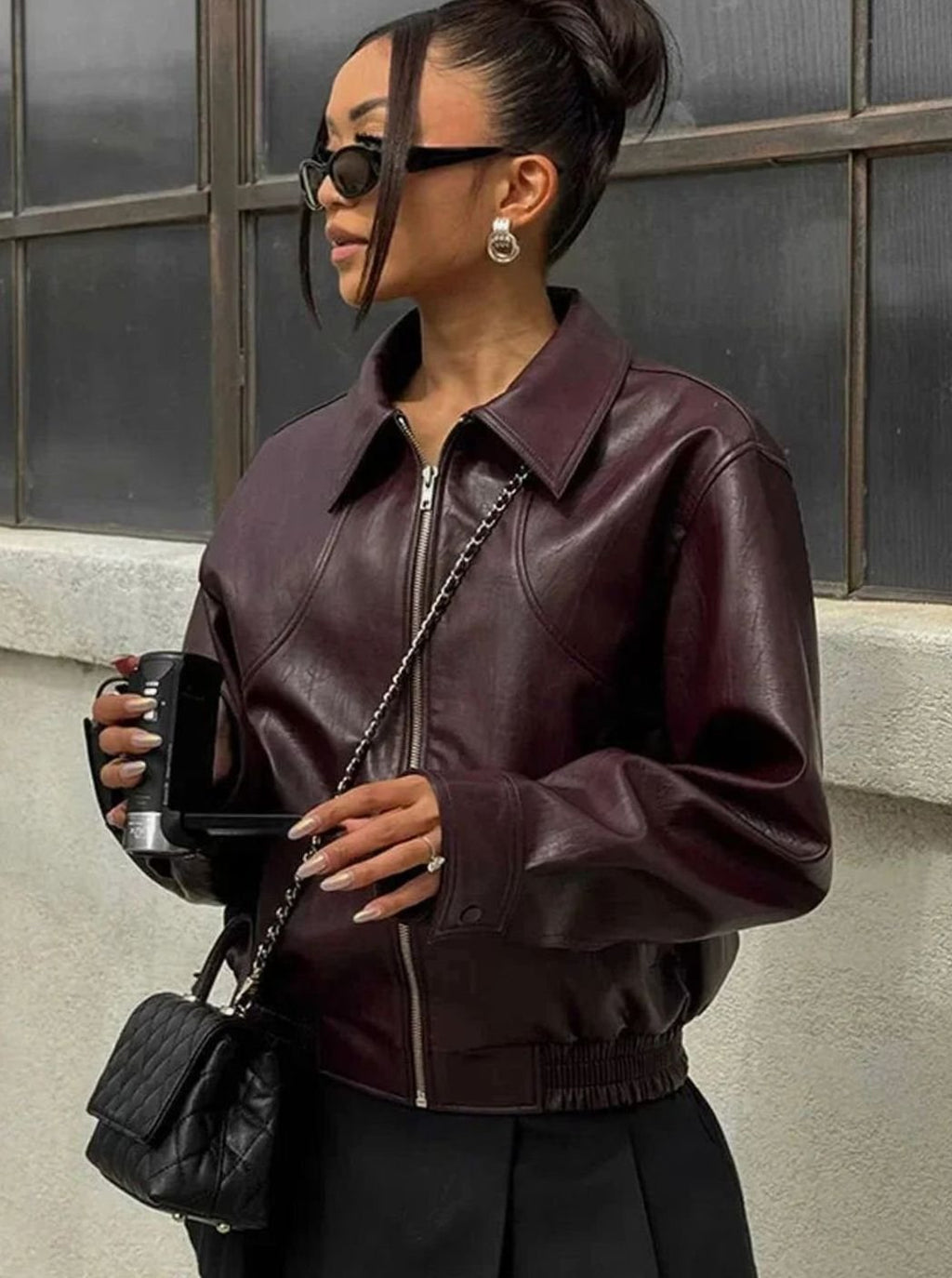 Odetta faux leather zip up bomber jacket - front view