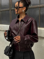 Odetta faux leather zip up bomber jacket - front view