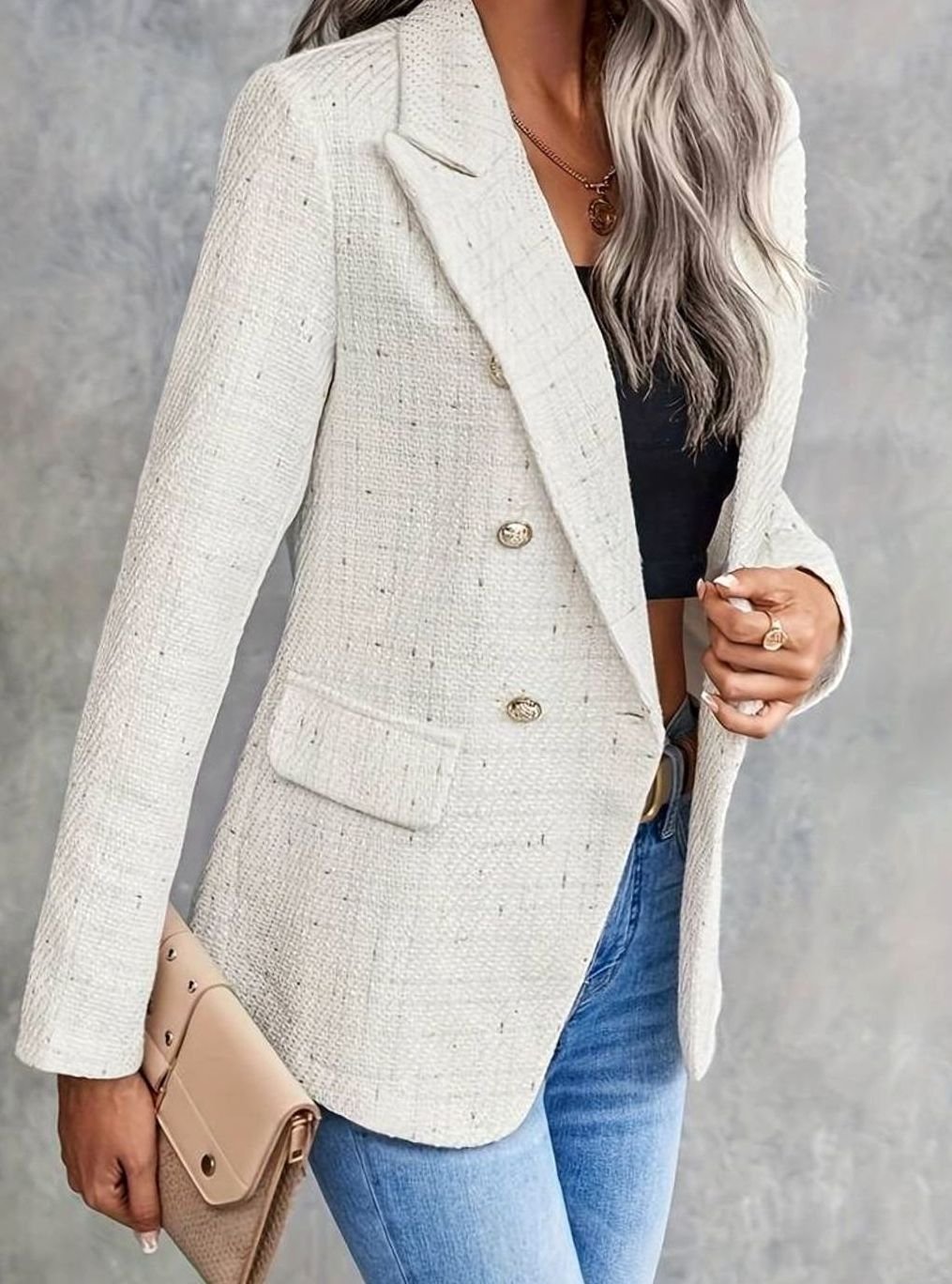 Arabella tweed double breasted structured blazer - front view