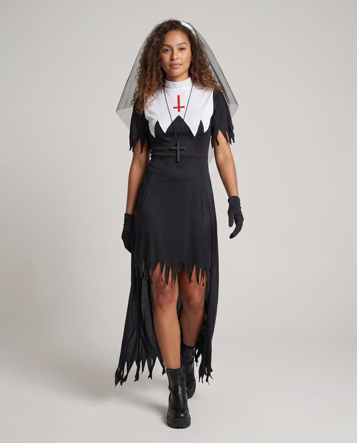 Women's gothic nun Halloween costume with a black tattered dress, white bib with red cross, and a veil