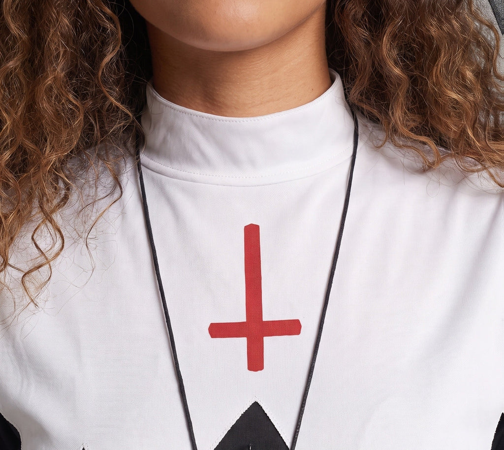 Women's gothic nun Halloween costume with a black tattered dress, white bib with red cross, and a veil - view 2