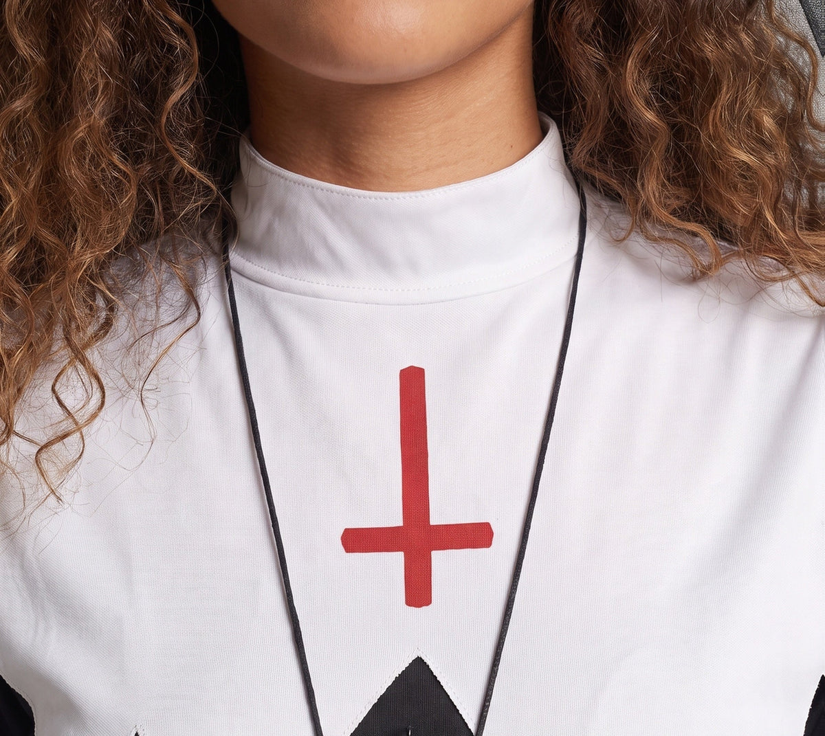 Women's gothic nun Halloween costume with a black tattered dress, white bib with red cross, and a veil - view 2