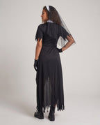 Women's gothic nun Halloween costume with a black tattered dress, white bib with red cross, and a veil - view 3