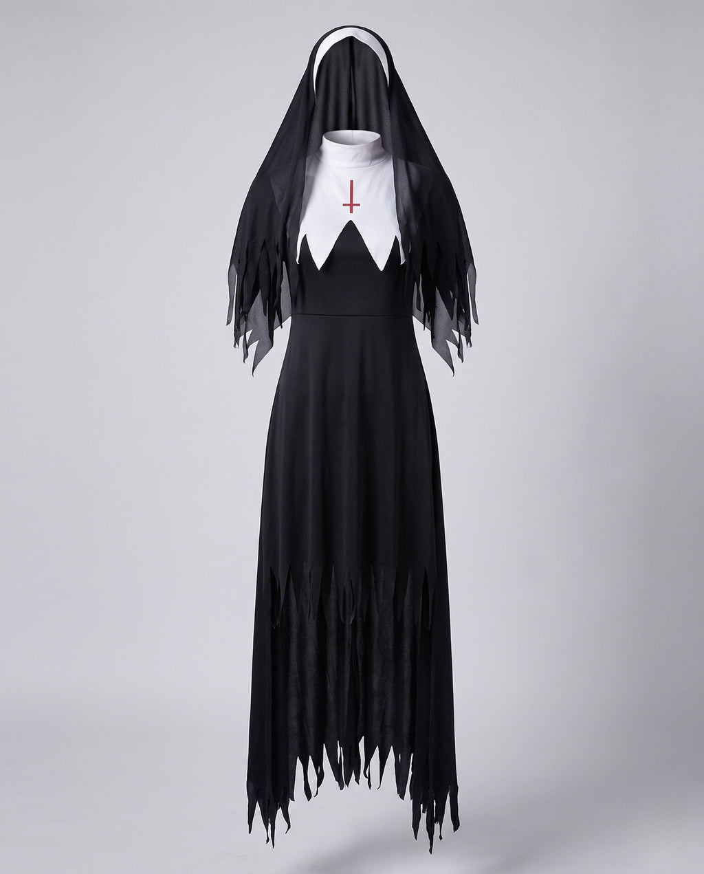 Women's gothic nun Halloween costume with a black tattered dress, white bib with red cross, and a veil - view 4