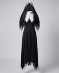 Women's gothic nun Halloween costume with a black tattered dress, white bib with red cross, and a veil - view 4