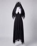 Women's gothic nun Halloween costume with a black tattered dress, white bib with red cross, and a veil - view 4