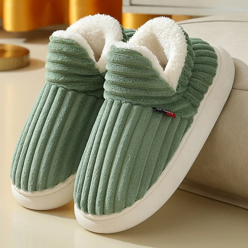 Sherpa lined house slippers with ribbed plush upper and thick white sole