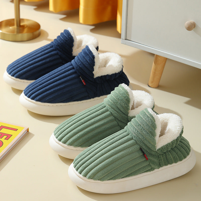 Sherpa lined house slippers with ribbed plush upper and thick white sole - view 11