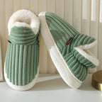 Sherpa lined house slippers with ribbed plush upper and thick white sole - view 2