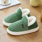 Sherpa lined house slippers with ribbed plush upper and thick white sole - view 3