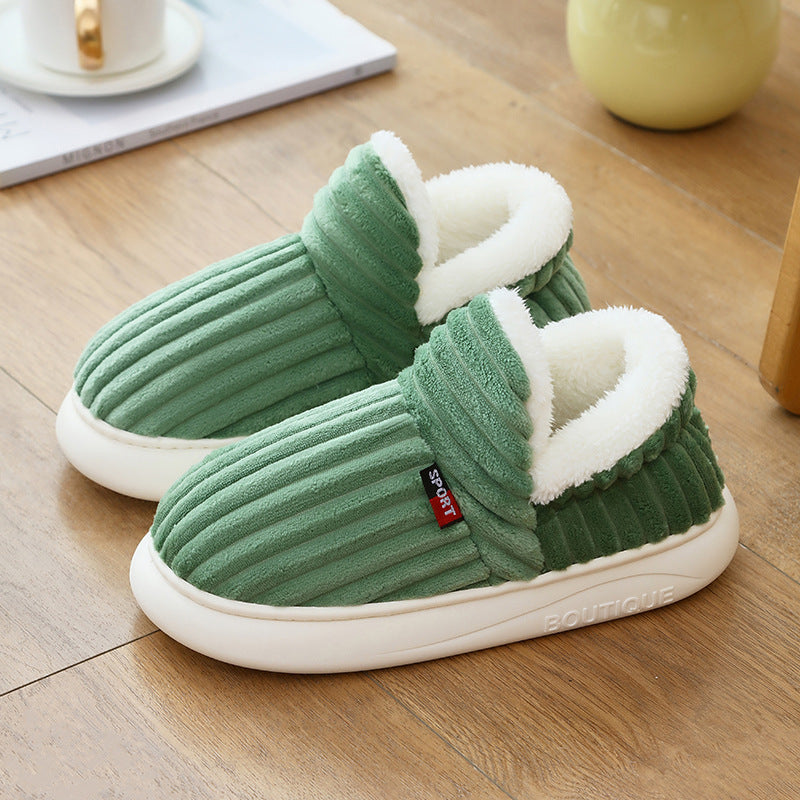 Sherpa lined house slippers with ribbed plush upper and thick white sole - view 3