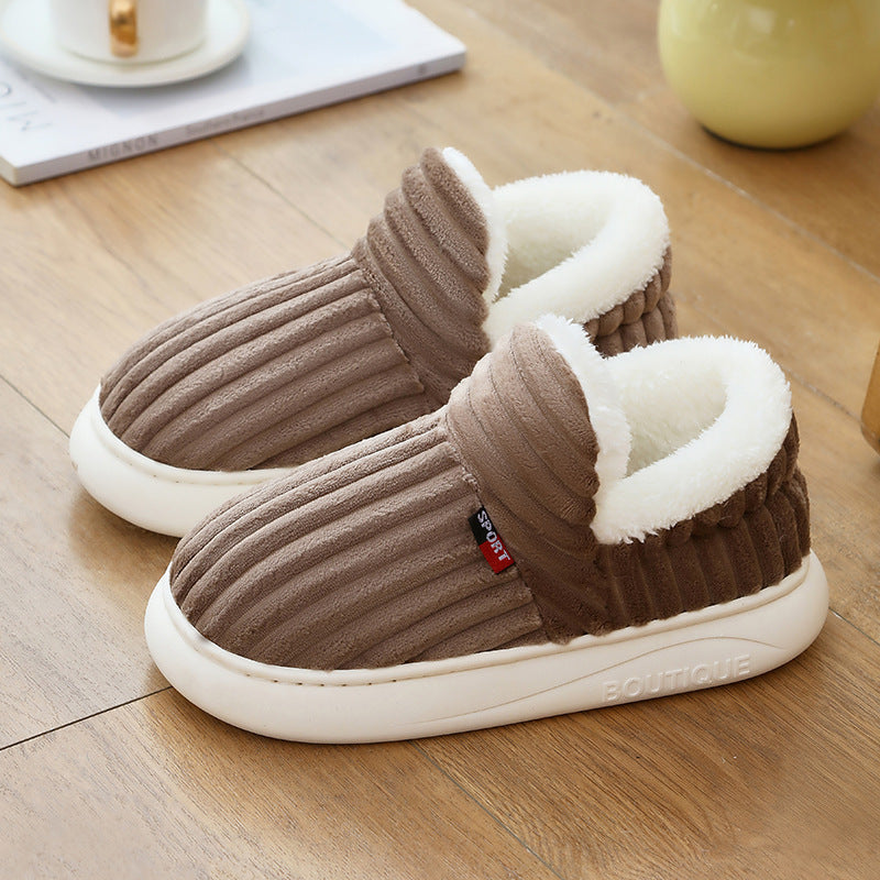 Sherpa lined house slippers with ribbed plush upper and thick white sole - view 7