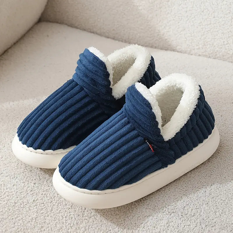 Sherpa lined house slippers with ribbed plush upper and thick white sole - view 9