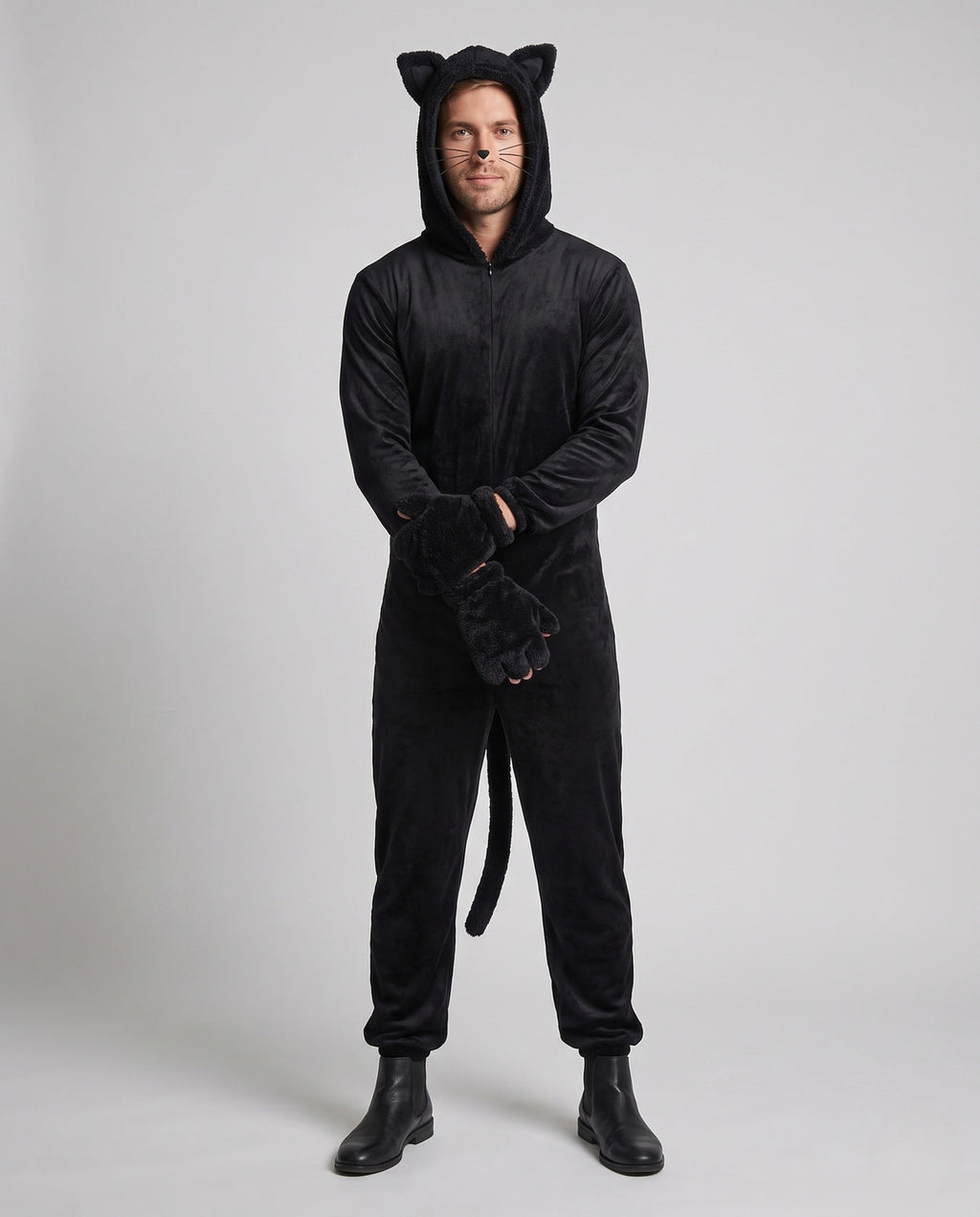 Men's black plush cat costume jumpsuit with eared hood, tail and paw mitts