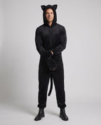Men's black plush cat costume jumpsuit with eared hood, tail and paw mitts