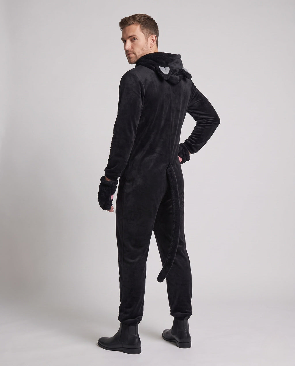 Men's black plush cat costume jumpsuit with eared hood, tail and paw mitts - view 3