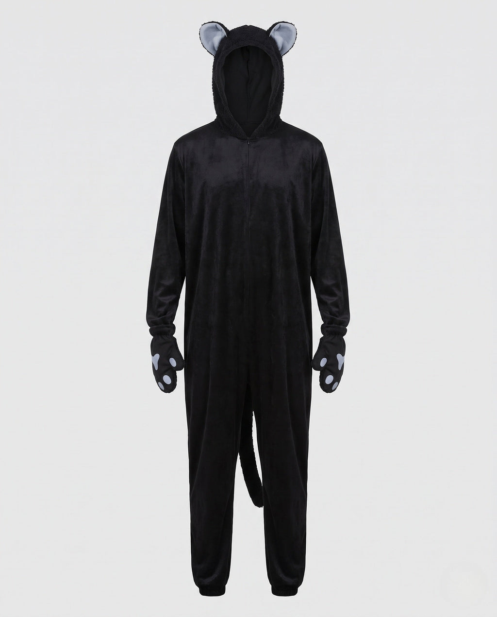 Men's black plush cat costume jumpsuit with eared hood, tail and paw mitts - view 4