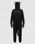 Men's black plush cat costume jumpsuit with eared hood, tail and paw mitts - view 4