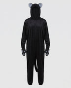 Men's black plush cat costume jumpsuit with eared hood, tail and paw mitts - view 4