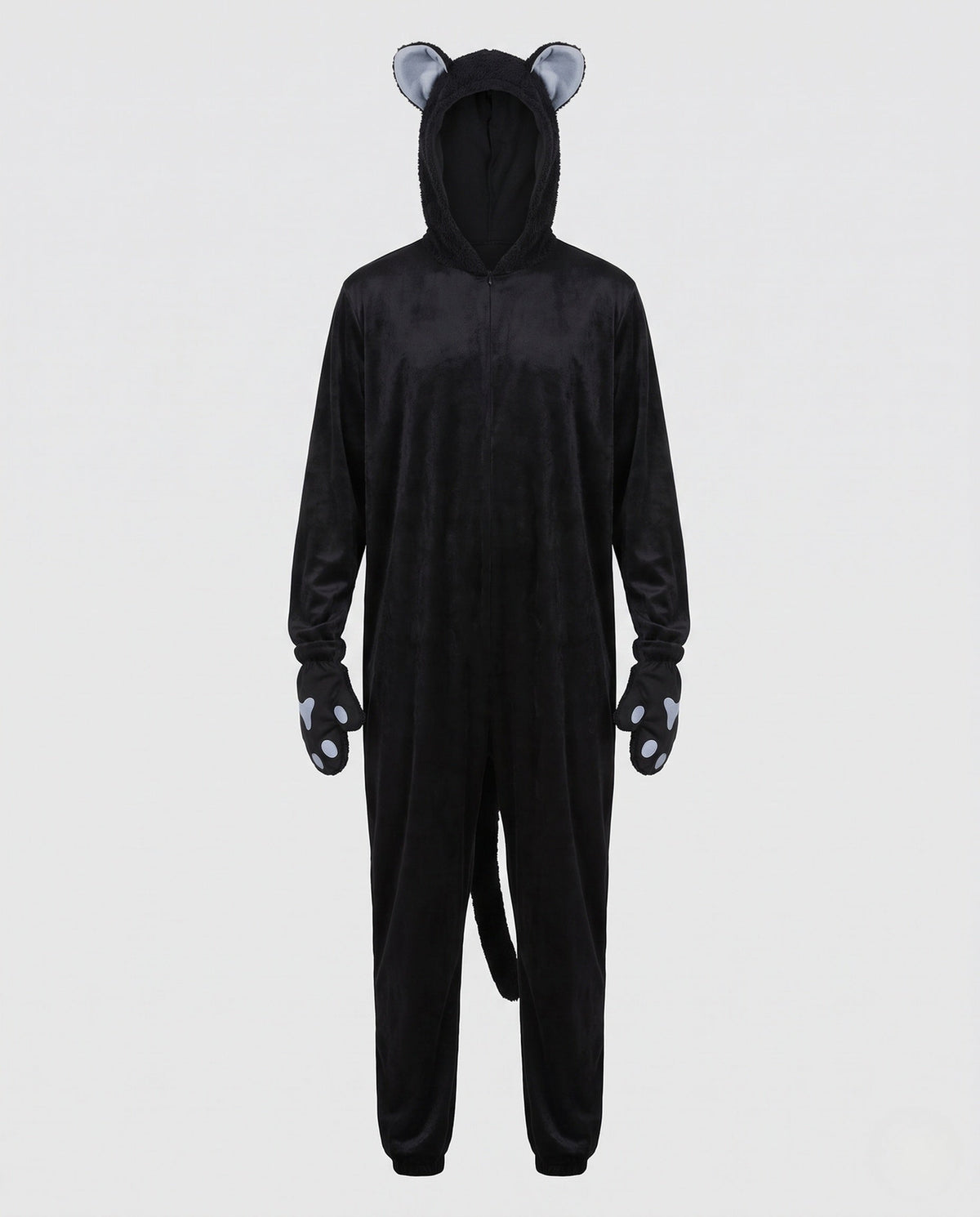 Men's black plush cat costume jumpsuit with eared hood, tail and paw mitts - view 4