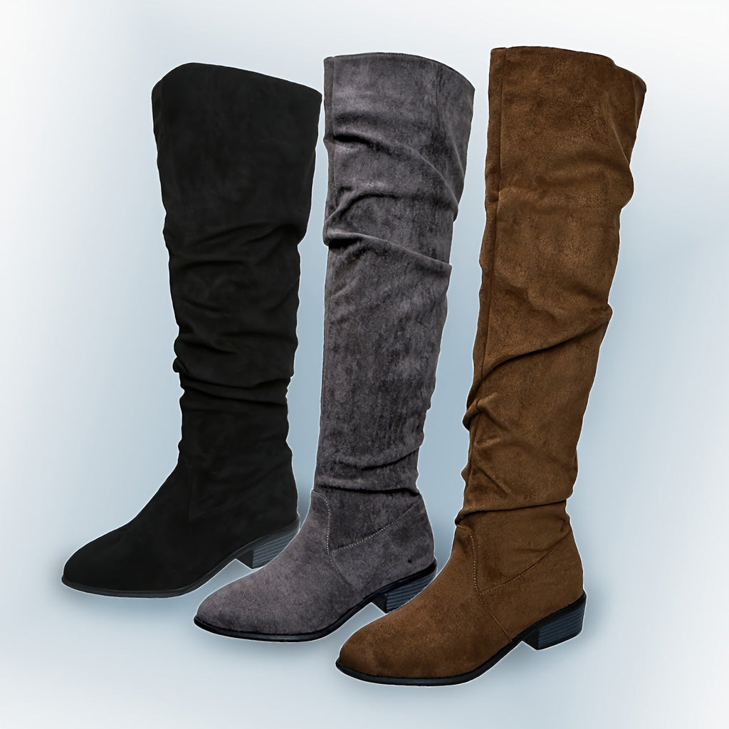 Wynne over-the-knee slouch boots shown in all three colours: black, gray and khaki brown