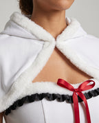 Women's white corset-style Halloween costume dress with plaid ruffle tiers, faux fur trim and hooded capelet - view 2