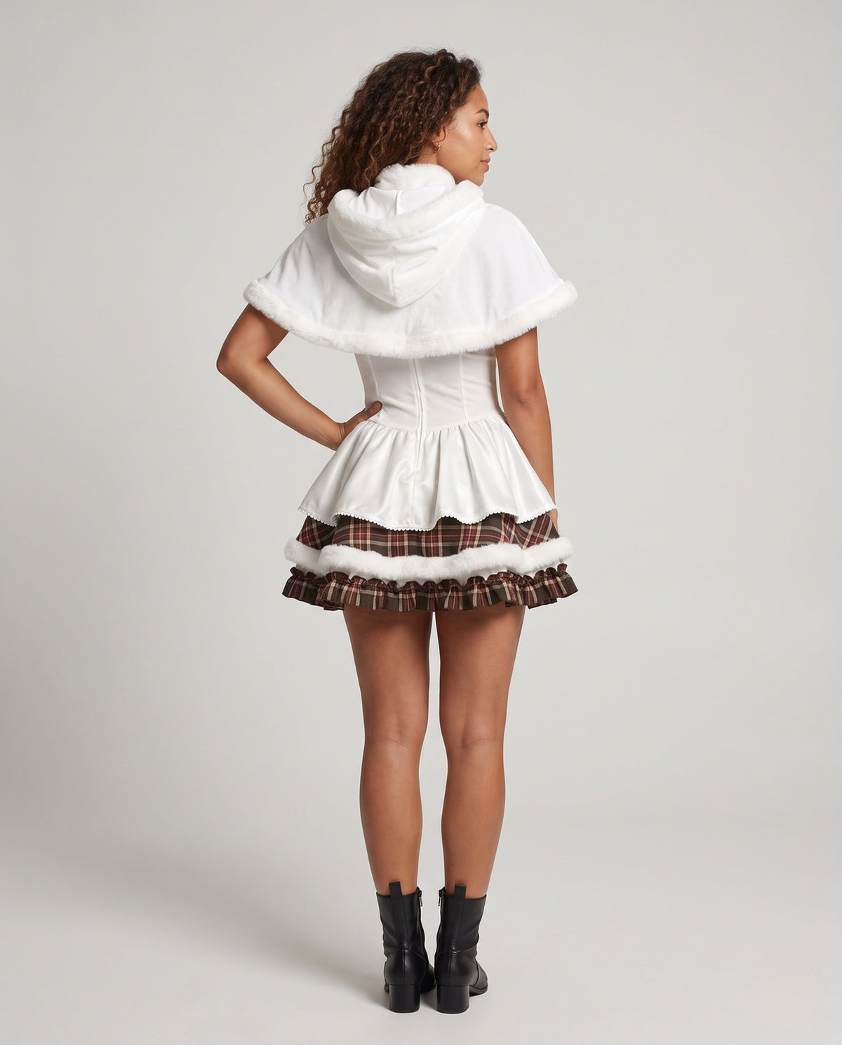 Women's white corset-style Halloween costume dress with plaid ruffle tiers, faux fur trim and hooded capelet - view 3
