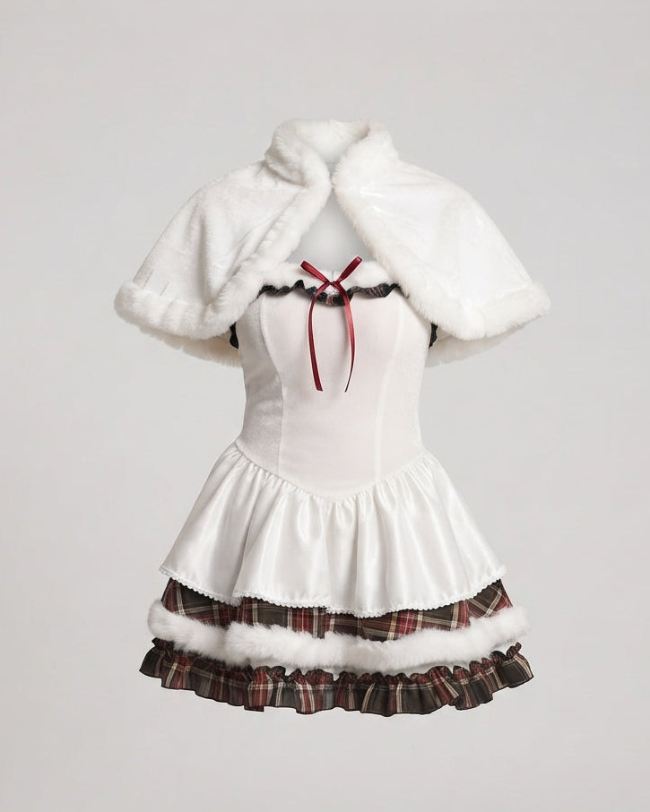 Women's white corset-style Halloween costume dress with plaid ruffle tiers, faux fur trim and hooded capelet - view 4
