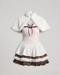 Women's white corset-style Halloween costume dress with plaid ruffle tiers, faux fur trim and hooded capelet - view 4